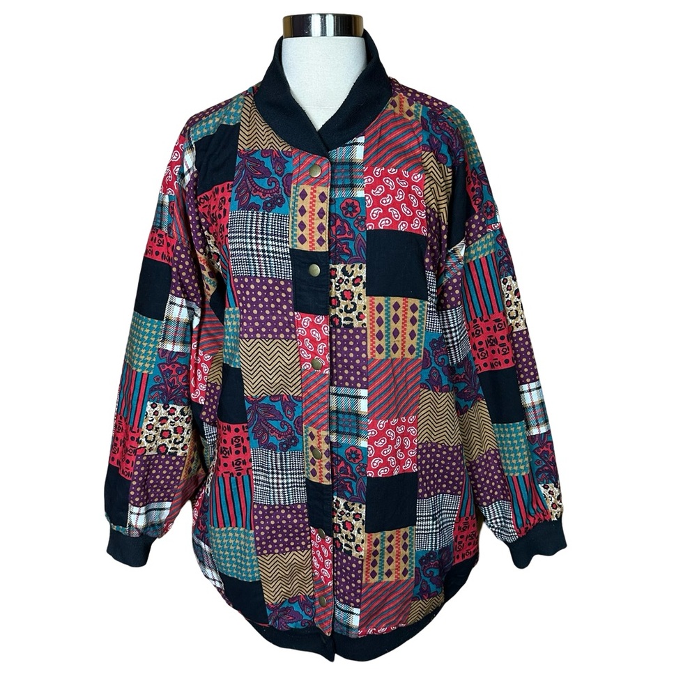 Vintage 80s Patchwork Colorful Funky Unique Reversible Snap Bomber Jacket OSFM